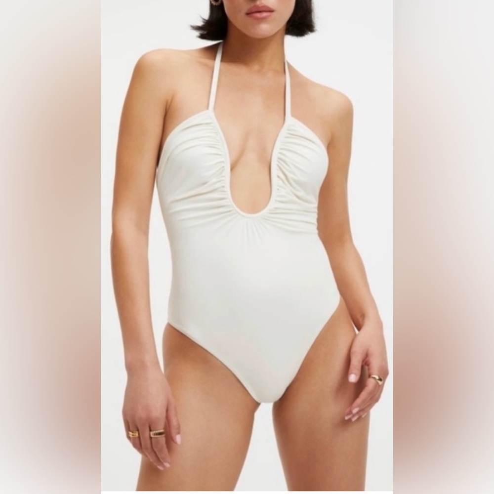 🆕 NWT-GOOD AMERICAN Leilani Halter Neck One-Piece Swimsuit in IVORY